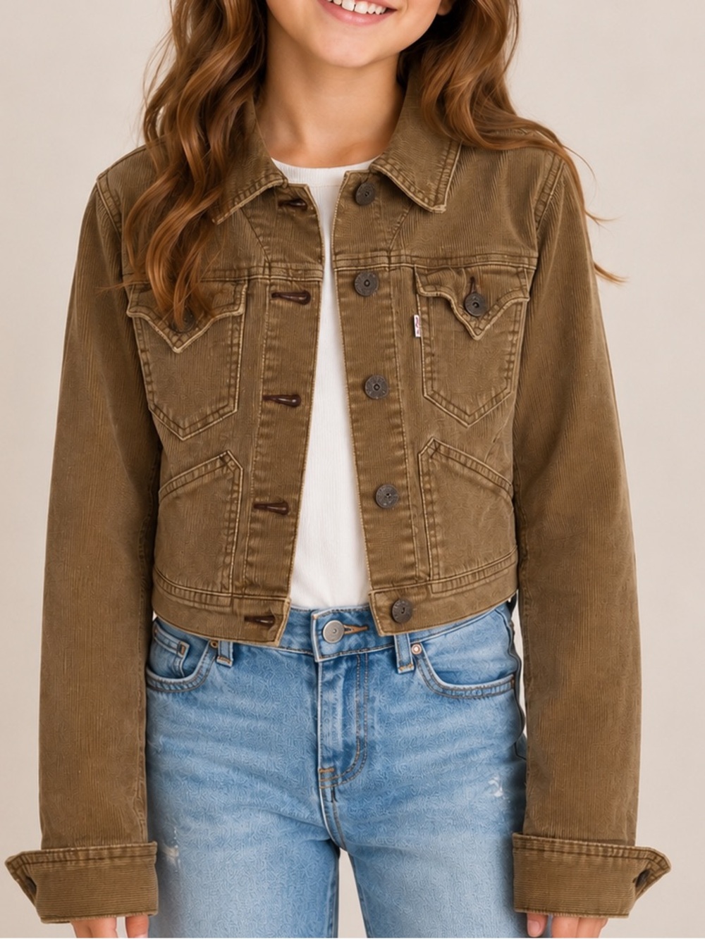 Levi’s Girls Brown Corduroy Trucker Jacket Size Medium Crop Stretch